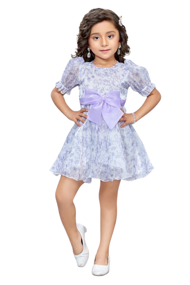 Girls' Lavender Floral Print Party Dress with Statement Organza Bow