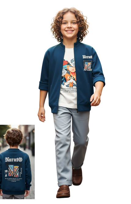 Boys' Teal Zip-Up Bomber Jacket and Grey Chino Pant Set – Anime Edition