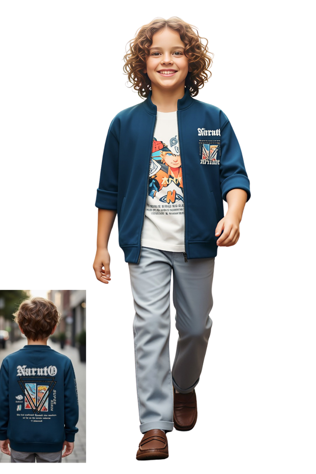Boys' Teal Zip-Up Bomber Jacket and Grey Chino Pant Set – Anime Edition