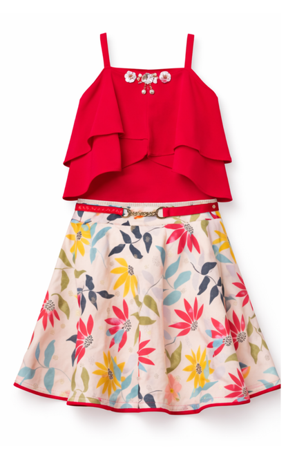 Red Floral Party Skirt with Layered Top