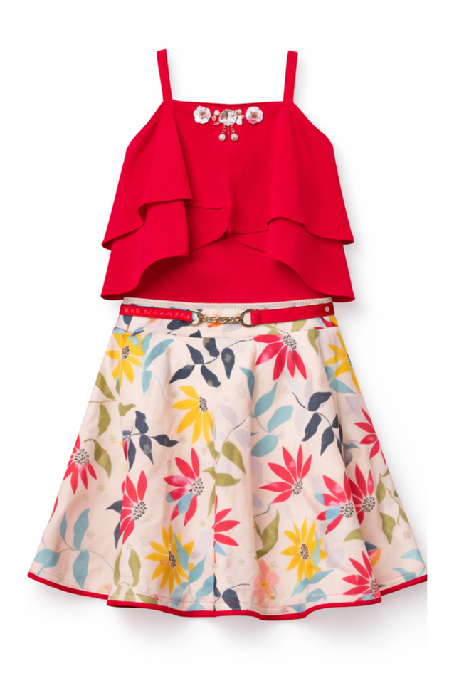 Red Floral Party Skirt with Layered Top