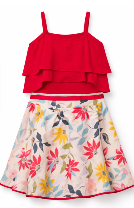 Red Floral Party Skirt with Layered Top