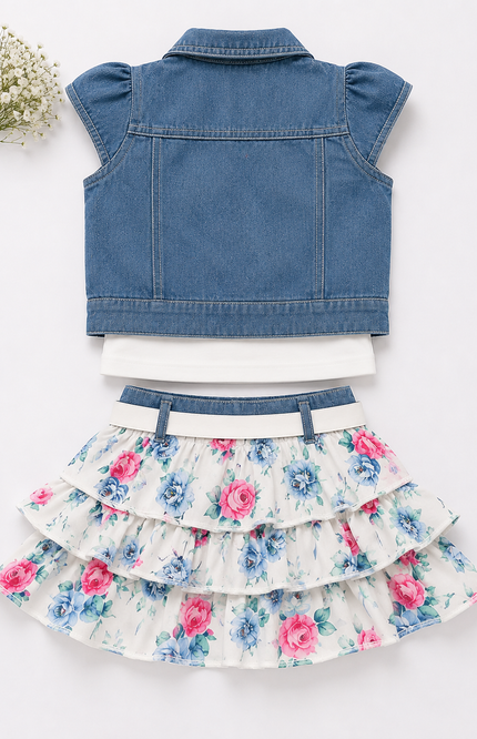 Girls' Denim Vest & Floral Tiered Skirt 3-Piece