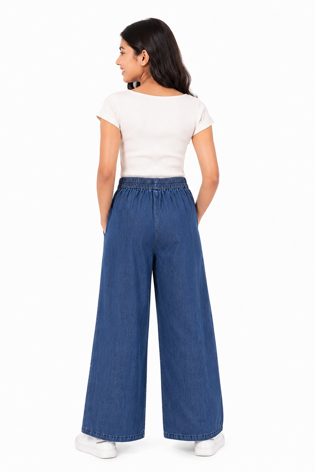 Classic Blue Wide-Leg Denim Girls Pants