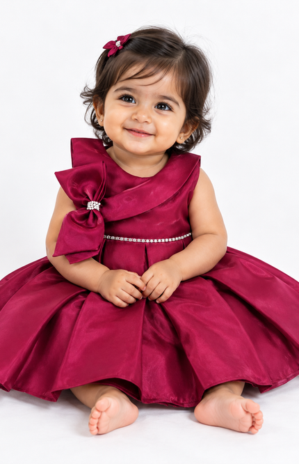 Wine Satin Bow Party Frock for Baby Girls