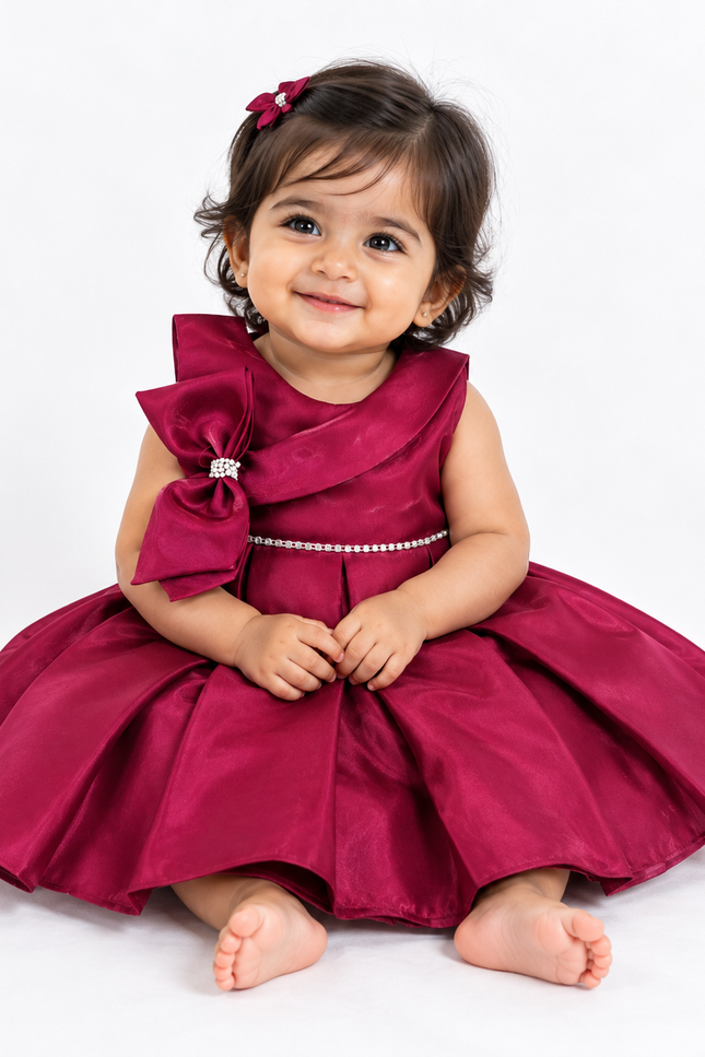 Wine Satin Bow Party Frock for Baby Girls