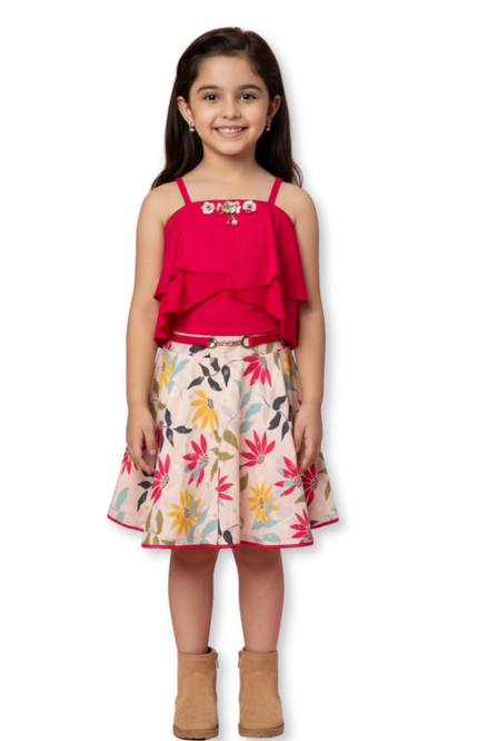 Red Floral Party Skirt with Layered Top