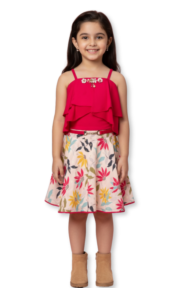 Red Floral Party Skirt with Layered Top