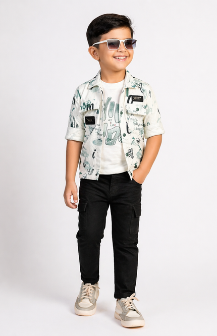 Boys' 3-Piece Urban Print Short-Sleeve Shirt, Graphic Tee, and Black Cargo Trousers
