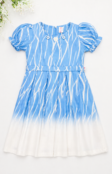 Sky Blue Ombre Kids Dress with Puff Sleeves