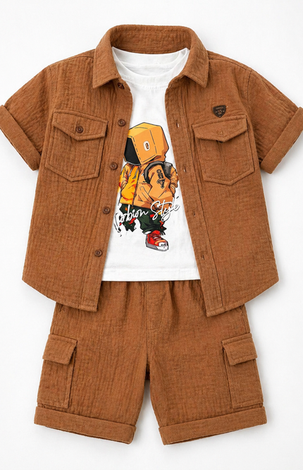 Boys Brown Graphic Shirt & Cargo Shorts Set