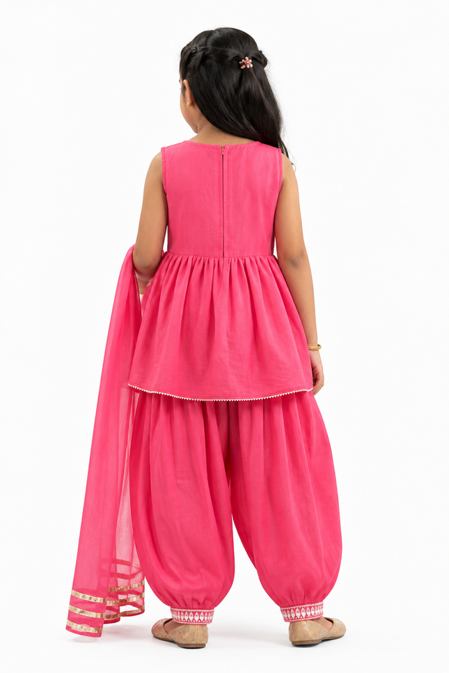 Pink Embroidered Kids Ethnic Kurta Set with Dupatta