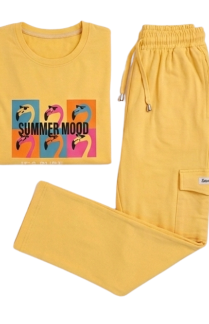 Girls' Summer Mood Lycra Cargo & Tee Set – Vibrant Yellow