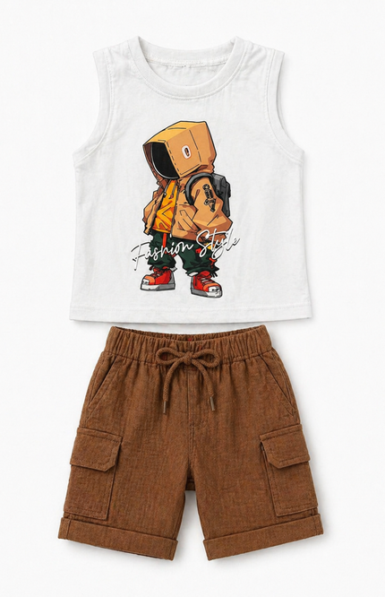 Boys Brown Graphic Shirt & Cargo Shorts Set
