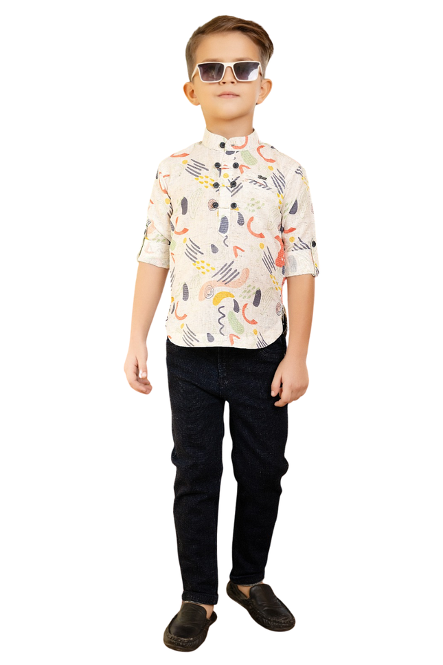 Boys' Abstract Print Mandarin Collar Shirt & Dark Denim Jeans Set
