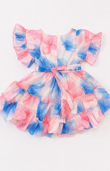Girls' Pastel Floral Ruffle Party Dress with Waist Belt
