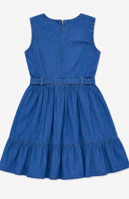 Girls’ Blue Denim Tiered Dress with Floral Embroidery