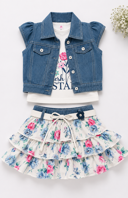 Girls' Denim Vest & Floral Tiered Skirt 3-Piece