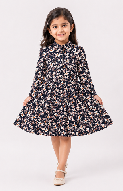 Girls Floral Print Full Sleeve Fit & Flare Dress