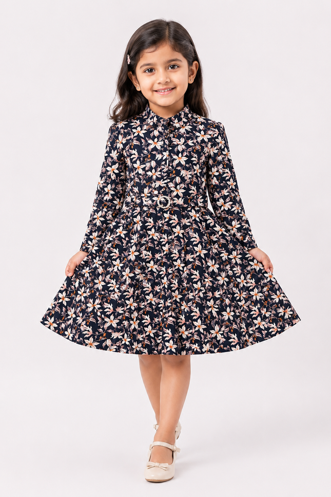 Girls Floral Print Full Sleeve Fit & Flare Dress