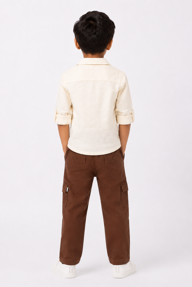 Cream Printed Shirt & Brown Cargo Pants