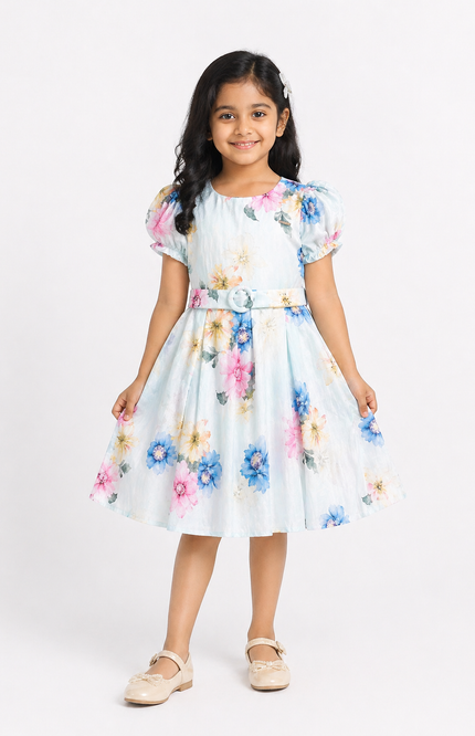 Pastel Blue Bloom Floral Puff Sleeve Kids Dress