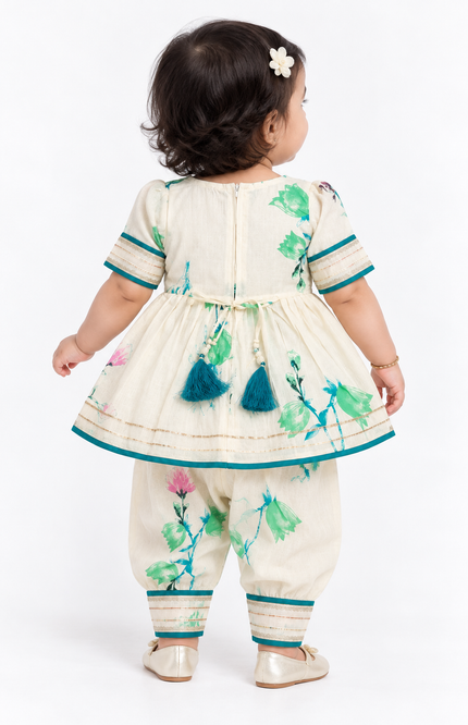 Floral Printed Cream Kurta & Dhoti Set for Baby Girls