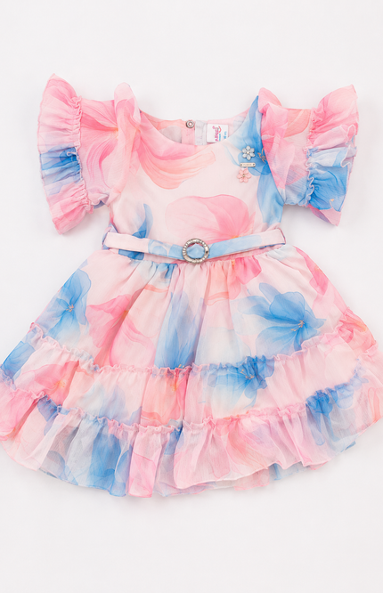 Girls' Pastel Floral Ruffle Party Dress with Waist Belt