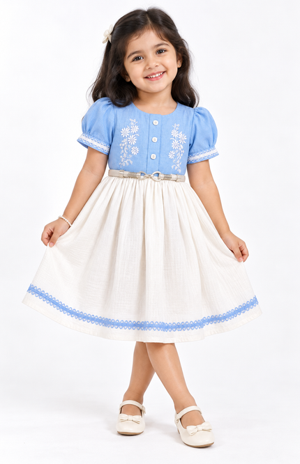 Girls’ Sky Blue & Ivory Embroidered Dress with Belt