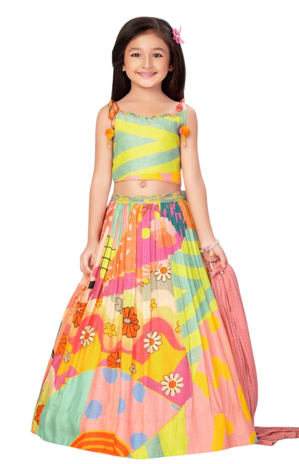 Kids' 3-Piece Psychedelic Pop Lehenga Set – Vibrant Abstract Print Skirt and Striped Choli