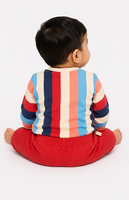 Multicolor Striped Sweatshirt & Red Jogger Co-Ord Set