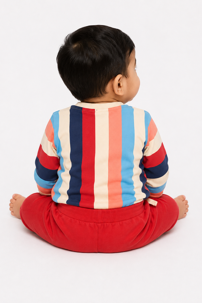Multicolor Striped Sweatshirt & Red Jogger Co-Ord Set