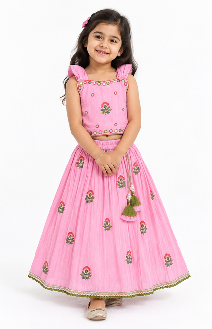 Girls Pink Floral Lehenga Choli Set with Dupatta
