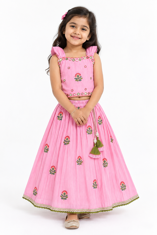 Girls Pink Floral Lehenga Choli Set with Dupatta