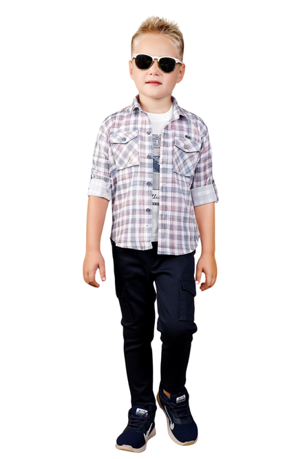 Boys' Plaid Shirt, Graphic Tee, and Cargo Pants 3-Piece Set - Purple
