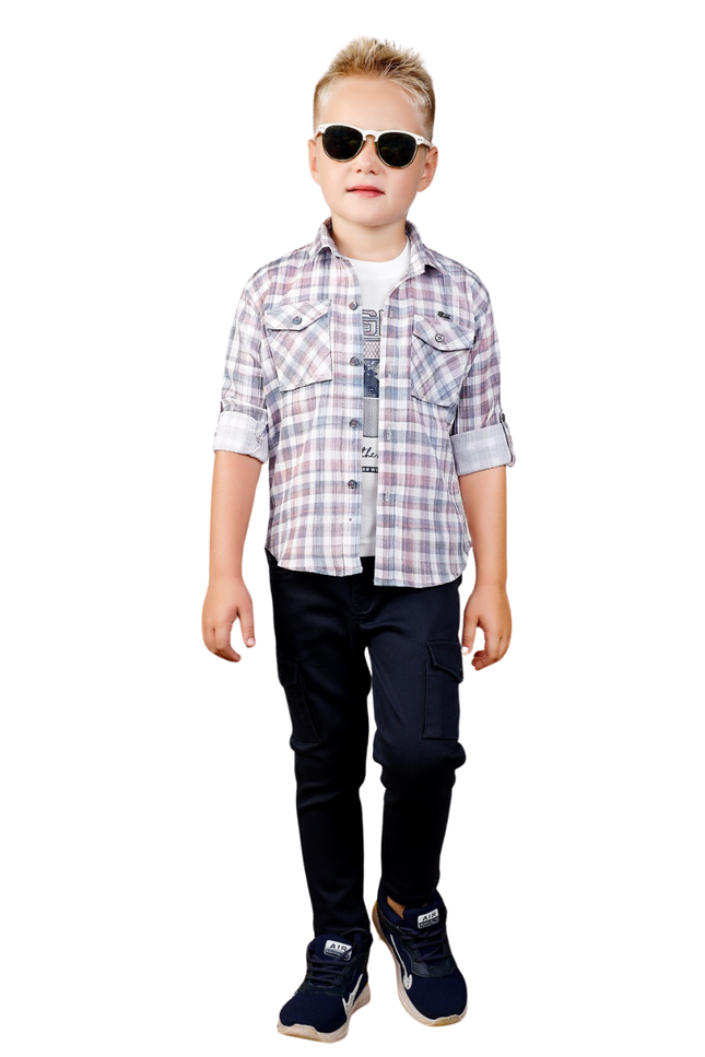 Boys' Plaid Shirt, Graphic Tee, and Cargo Pants 3-Piece Set - Purple