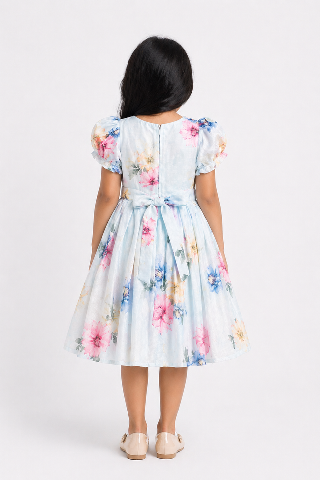 Pastel Blue Bloom Floral Puff Sleeve Kids Dress