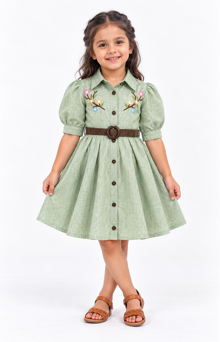 Girls’ Green Embroidered Shirt Dress with Braided Belt