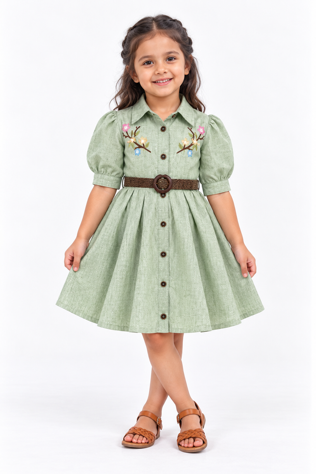 Girls’ Green Embroidered Shirt Dress with Braided Belt