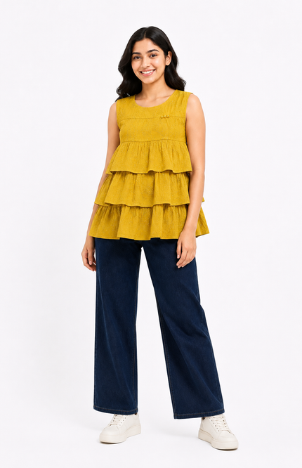 Floral Embroidered Tiered Girls Peplum top