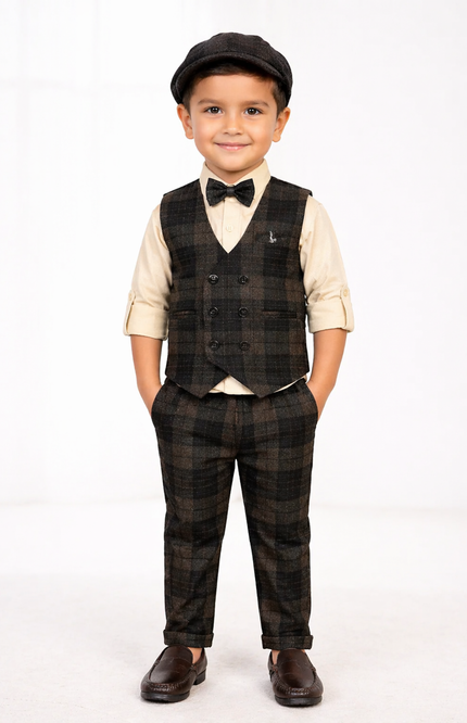 Boys' 4-Piece Dark Plaid Waistcoat, Trouser, and Shirt Set with Bow Tie