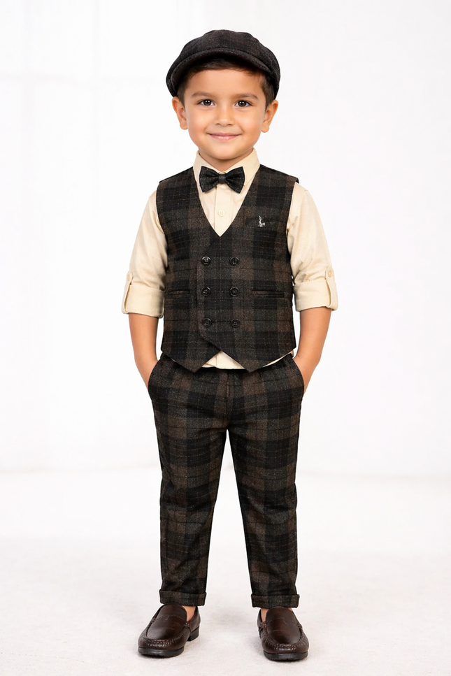 Boys' 4-Piece Dark Plaid Waistcoat, Trouser, and Shirt Set with Bow Tie