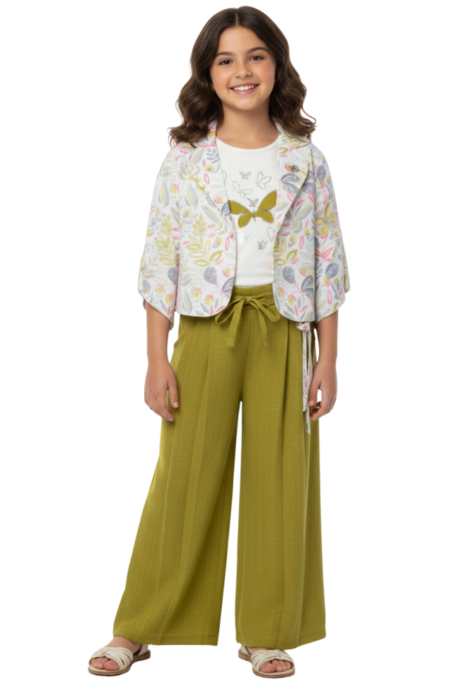 Kids' 3-Piece Botanical Co-ord – Olive Trousers, Patterned Shrug, and Sparkle Butterfly Top