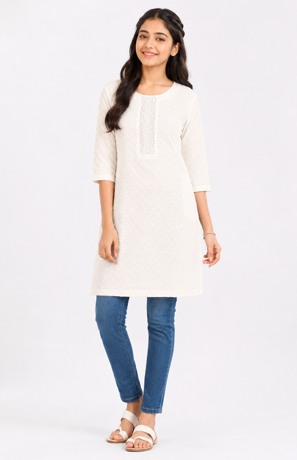 Girls White Textured Straight Kurti