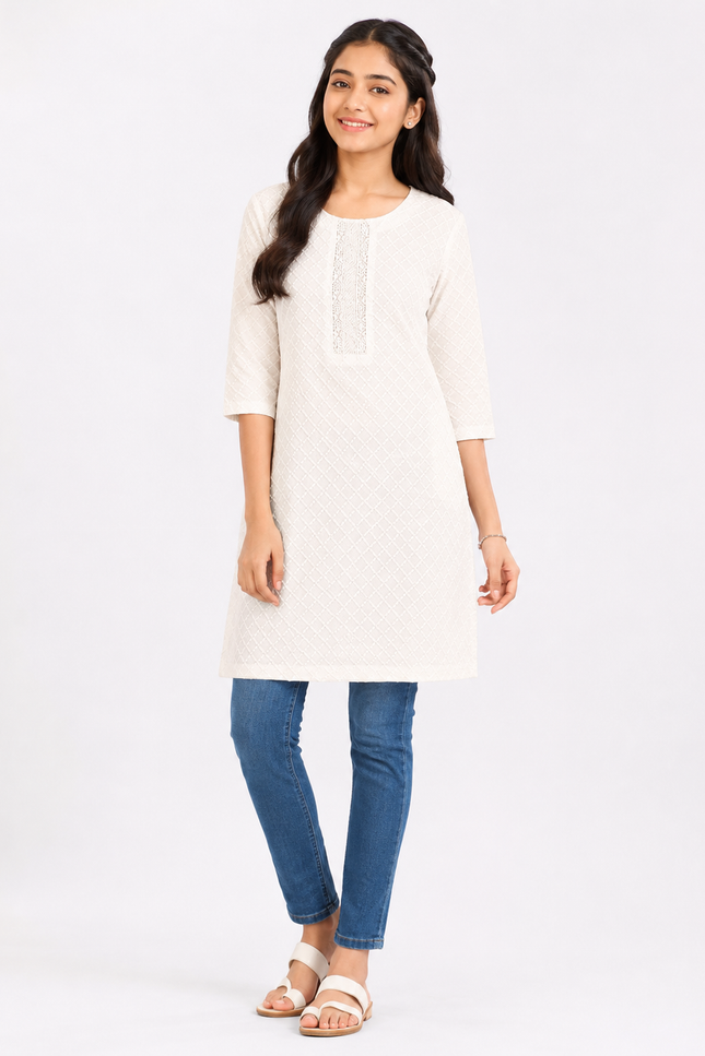 Girls White Textured Straight Kurti