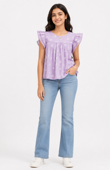 Girls Floral Print Flutter Sleeve Top