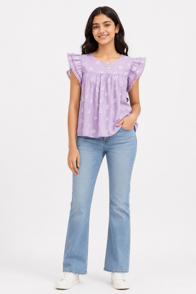Girls Floral Print Flutter Sleeve Top