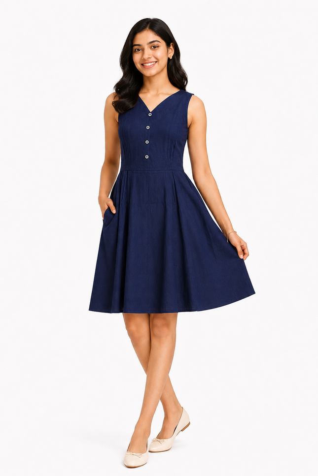 Navy Blue Sleeveless Waist-Tie A-Line Dress