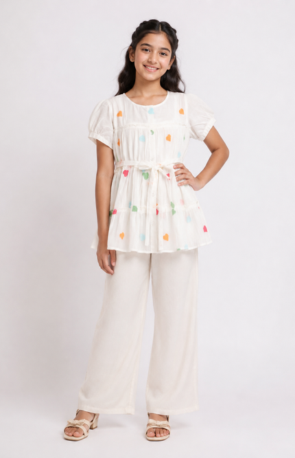 Pastel Heart Tiered Dress & Wide-Leg Pants Set
