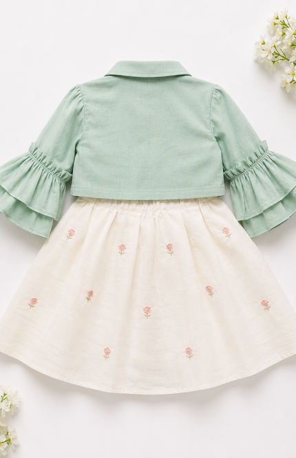 Green Bell Sleeve Jacket with Embroidered Flared Dress